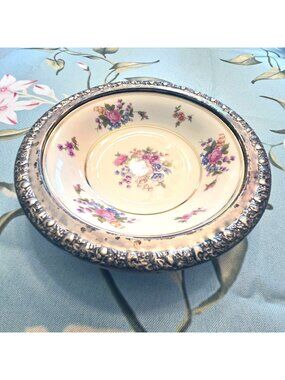 Vintage Bavarian Bowl Bone China Floral Wallace Sterling Silver Rim  JH8002
